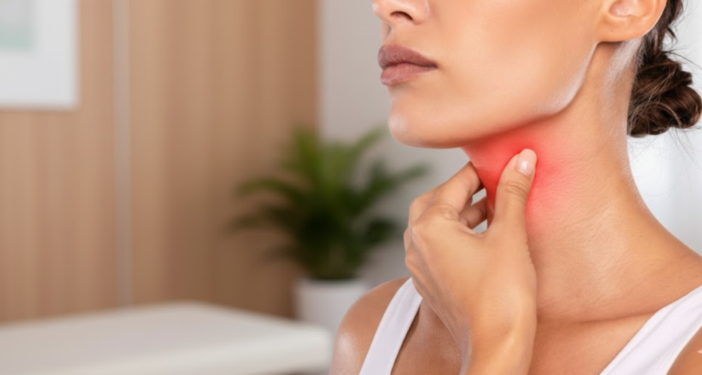 O que é a tireoide e por que ela é tão importante? 2 Mulher com mão na garganta.