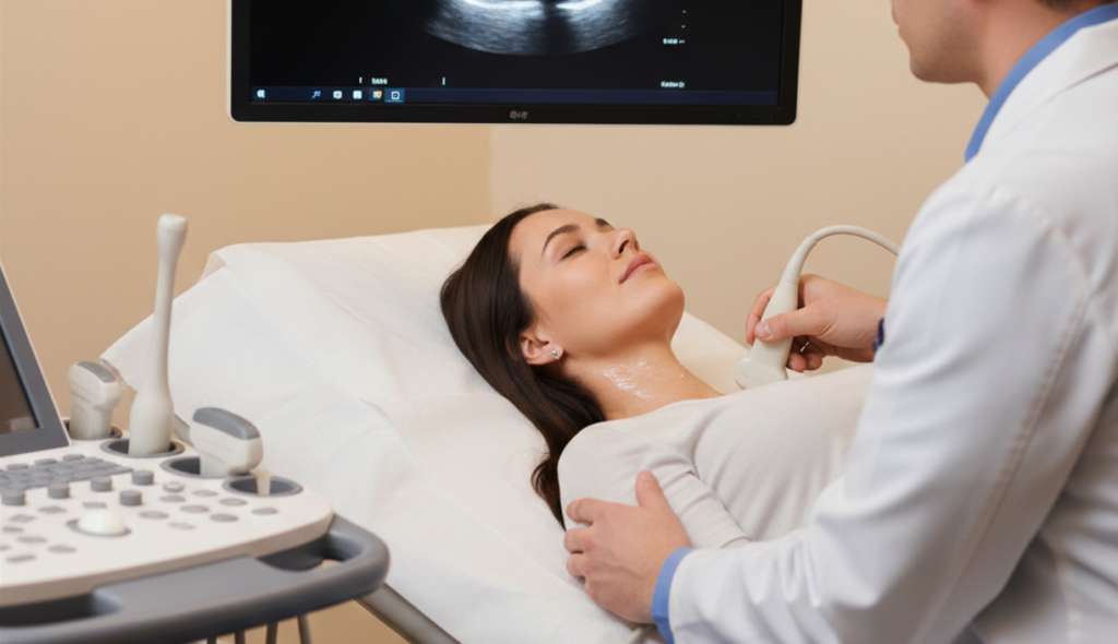 O que é a tireoide e por que ela é tão importante? 3 Médico realizando ultrassom em paciente.